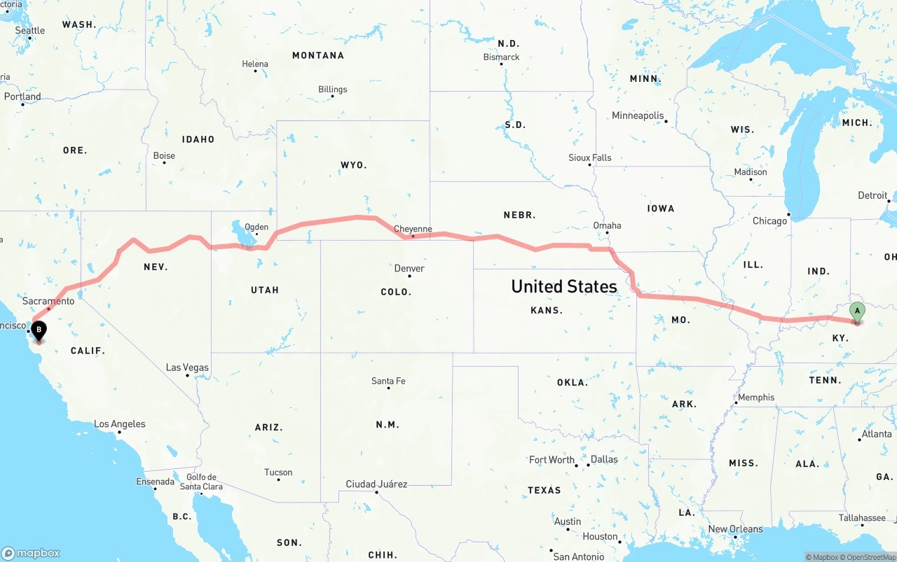 Shipping route from Lexington to San Jose