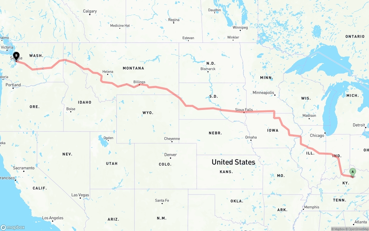 Shipping route from Lexington to Seattle