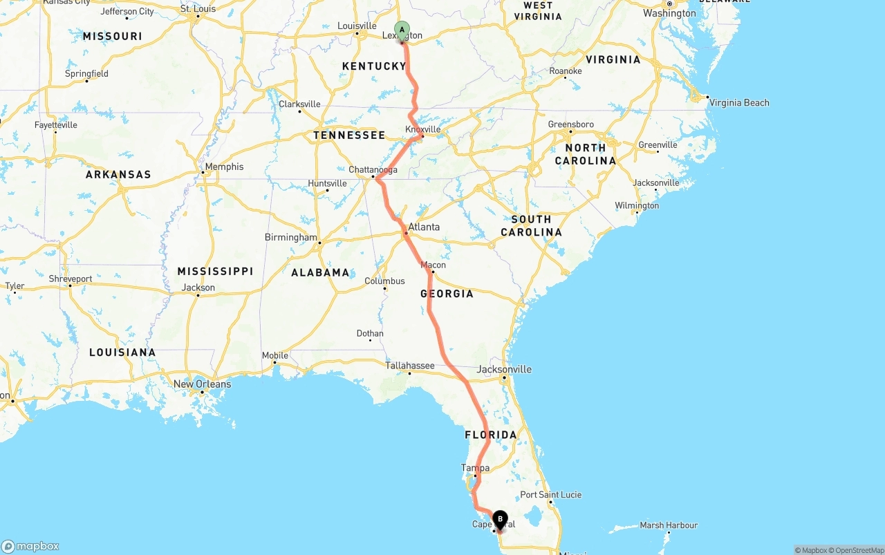 Shipping route from Lexington to Southwest Florida International Airport
