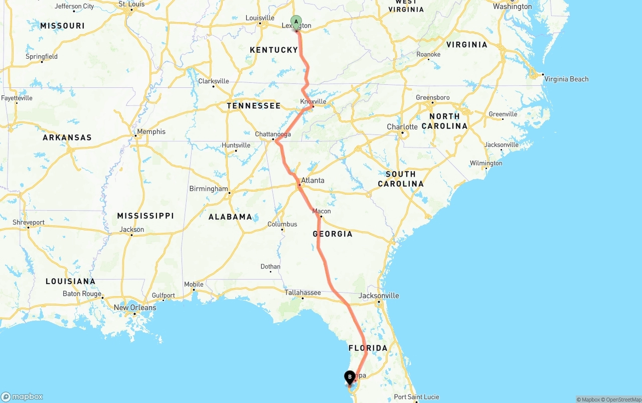 Shipping route from Lexington to St. Petersburg