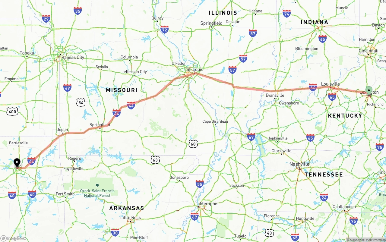 Shipping route from Lexington to Tulsa