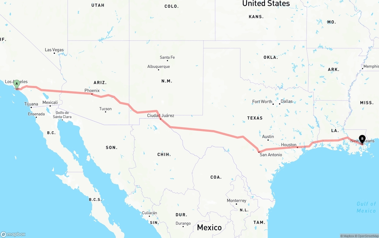 Shipping route from Long Beach to New Orleans