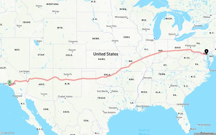 Los Angeles to Baltimore freight shipping route map