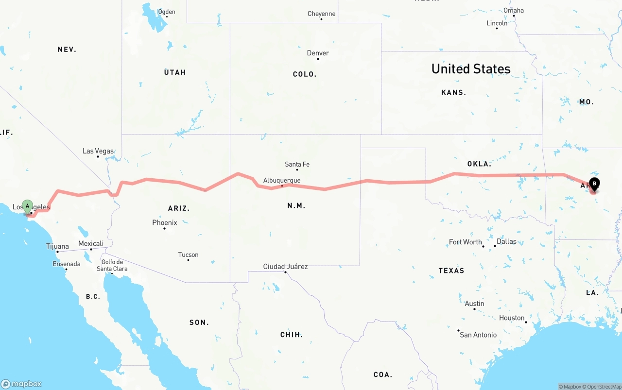 Shipping route from Los Angeles International Airport to Arkansas