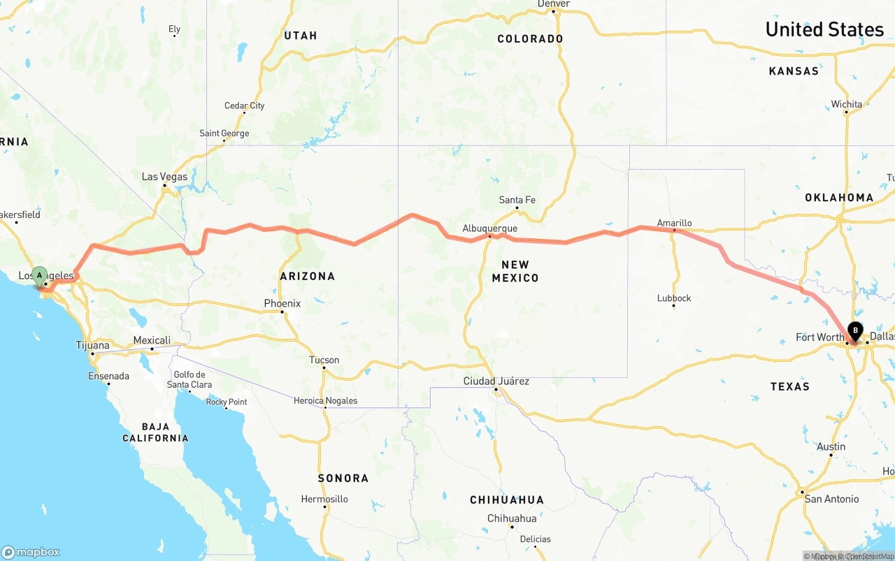 Shipping route from Los Angeles International Airport to Arlington