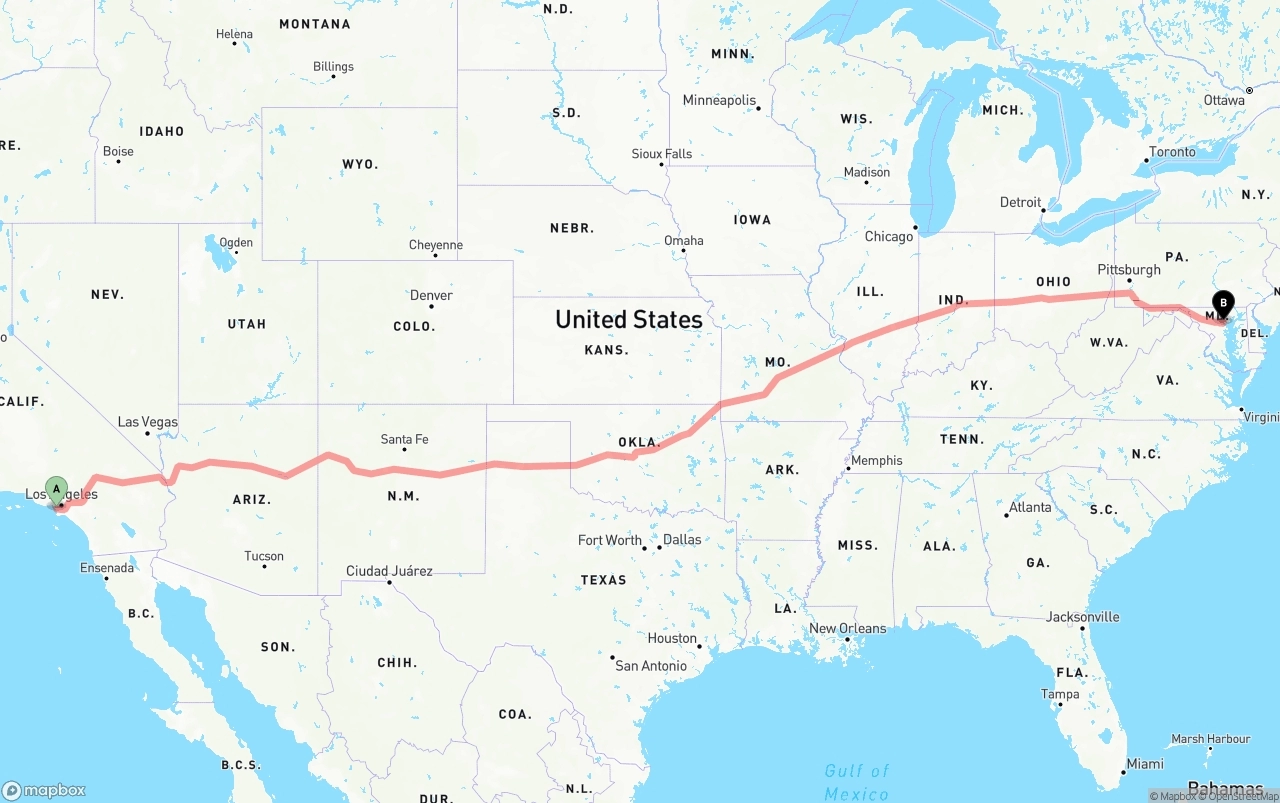 Shipping route from Los Angeles International Airport to Baltimore