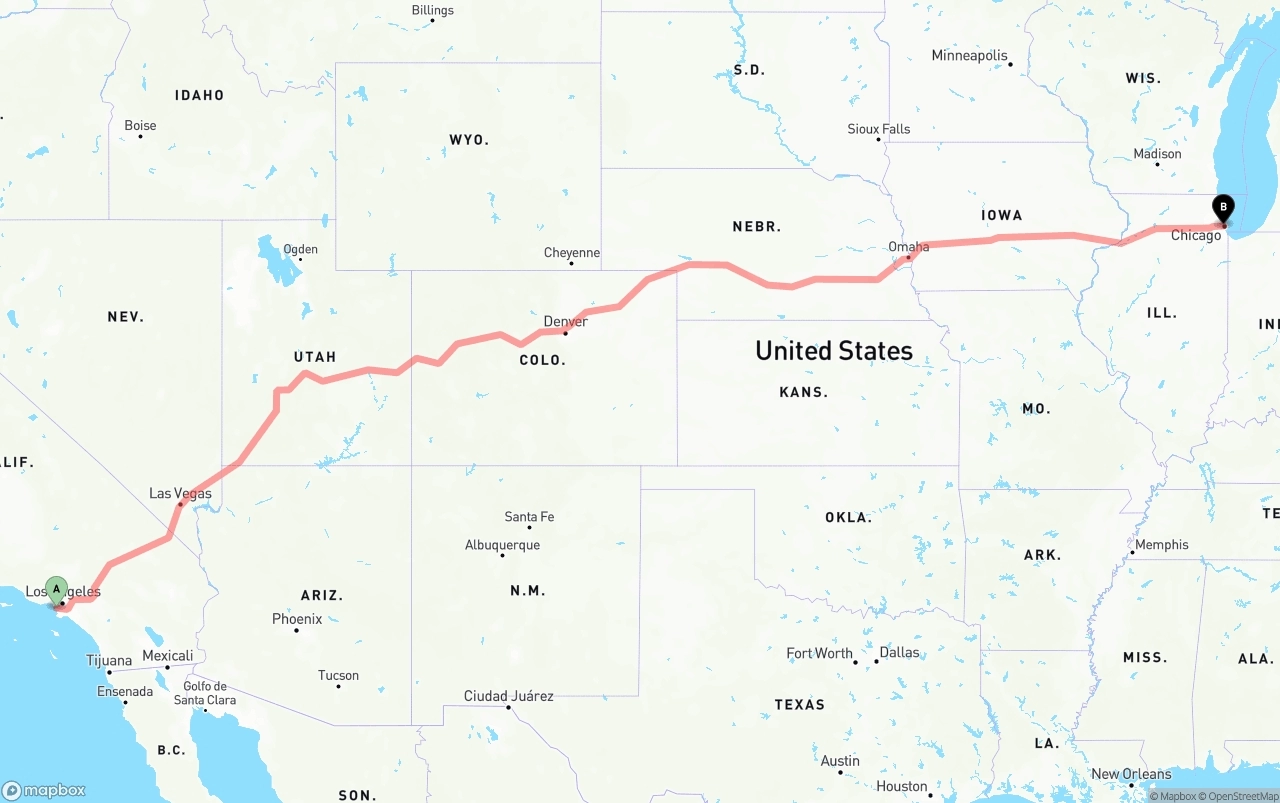 Shipping route from Los Angeles International Airport to Chicago