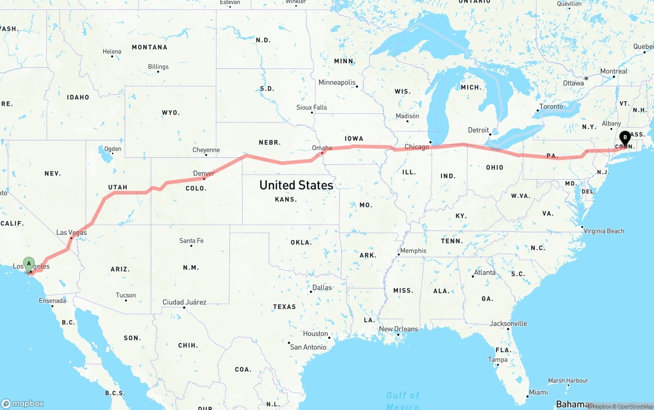 Shipping route from Los Angeles International Airport to Connecticut