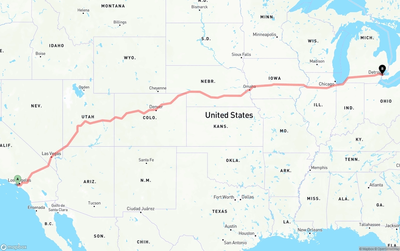 Shipping route from Los Angeles International Airport to Detroit