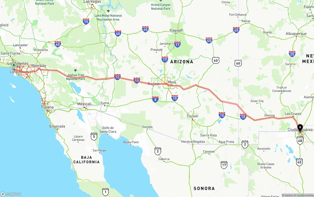 Shipping route from Los Angeles International Airport to El Paso