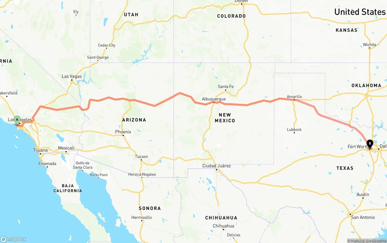 Shipping route from Los Angeles International Airport to Fort Worth