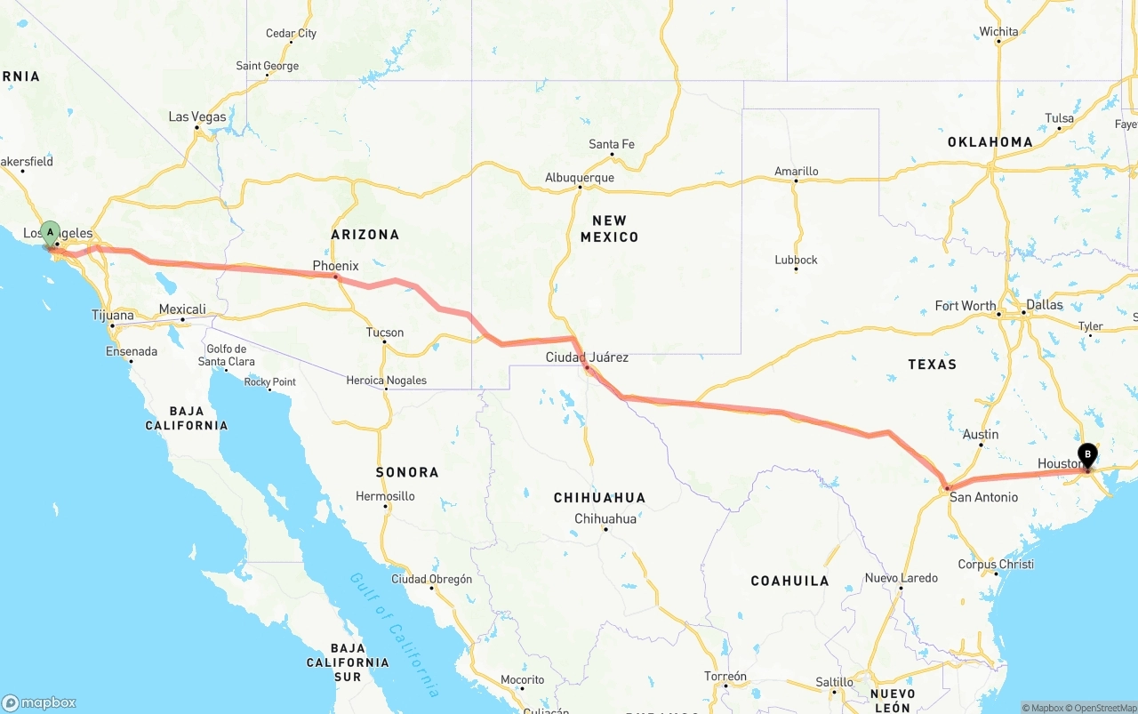 Shipping route from Los Angeles International Airport to Houston