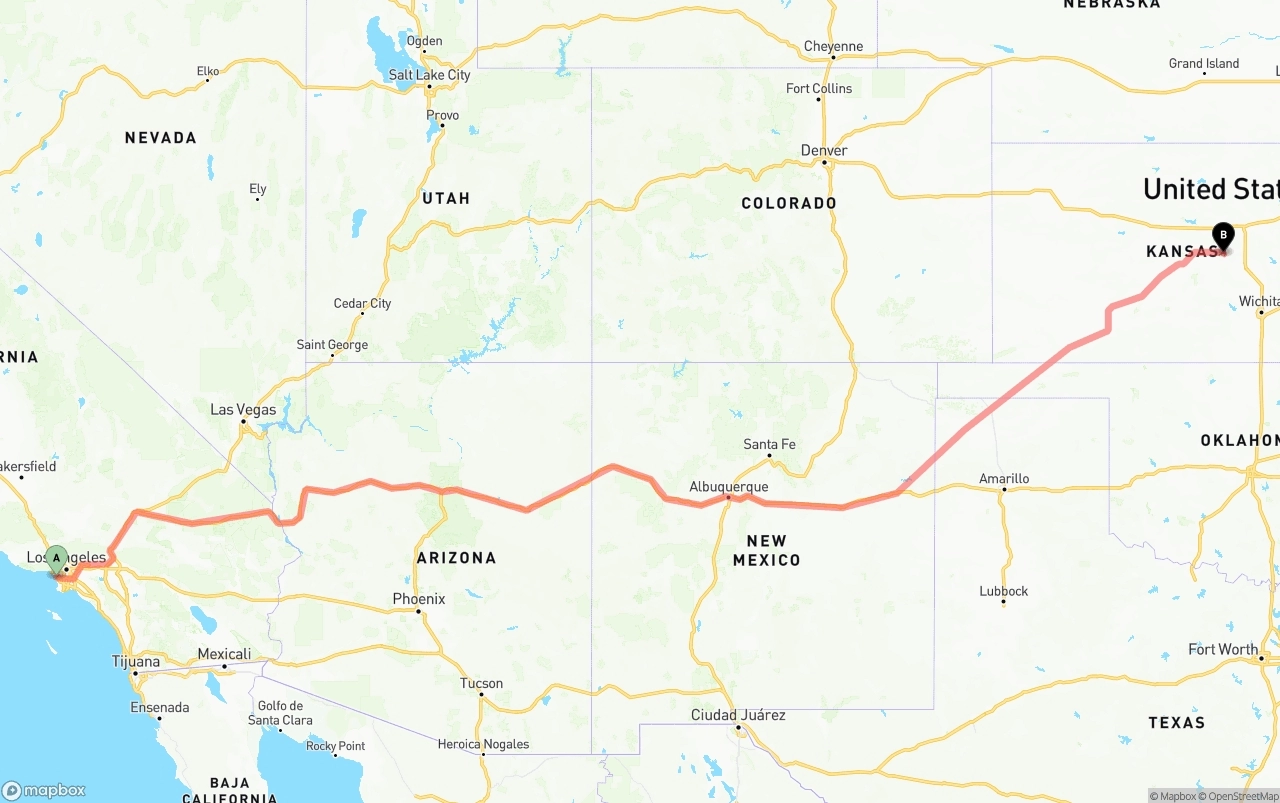 Shipping route from Los Angeles International Airport to Kansas