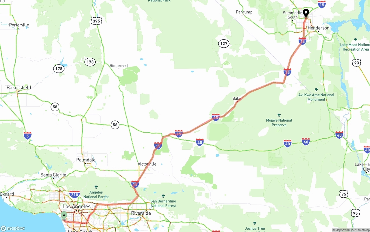 Shipping route from Los Angeles International Airport to Las Vegas