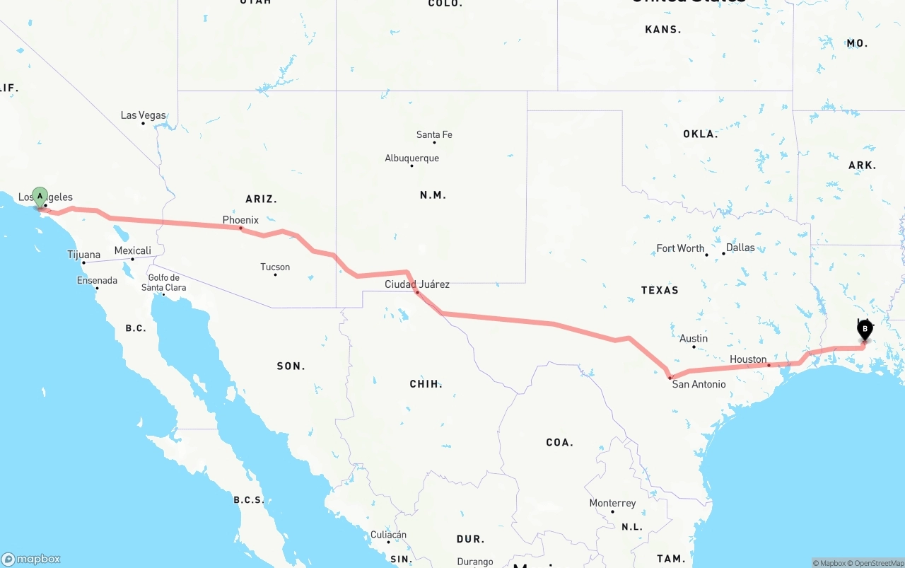 Shipping route from Los Angeles International Airport to Louisiana