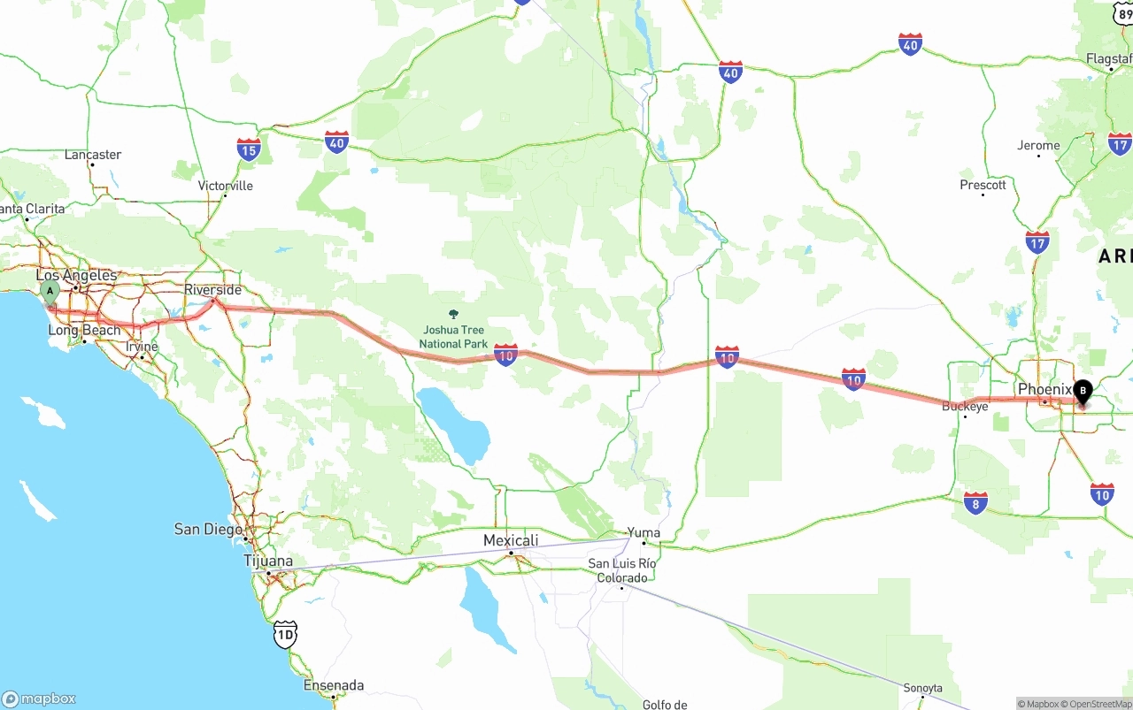 Shipping route from Los Angeles International Airport to Mesa