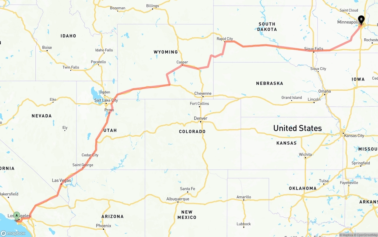 Shipping route from Los Angeles International Airport to Minneapolis