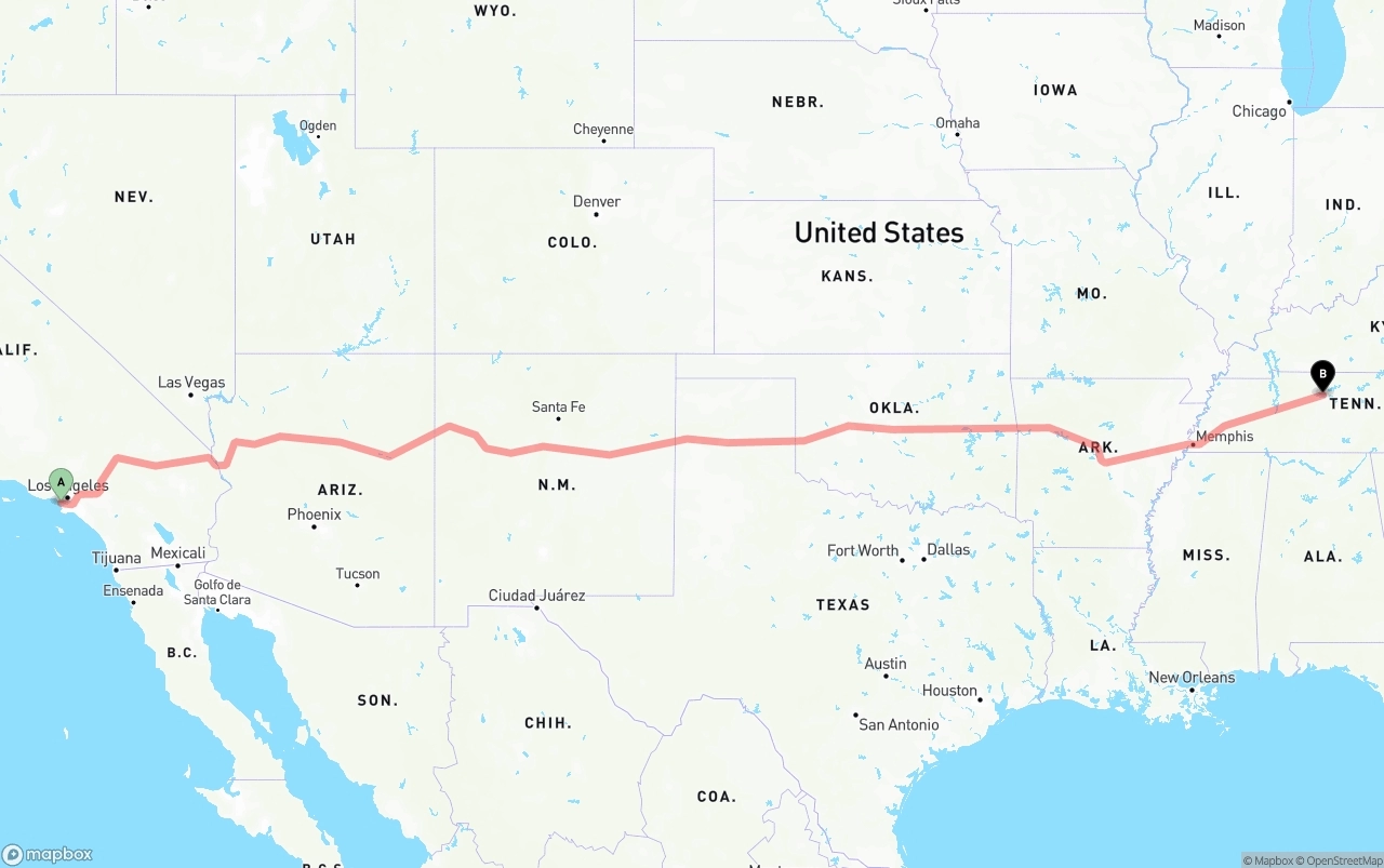 Shipping route from Los Angeles International Airport to Nashville