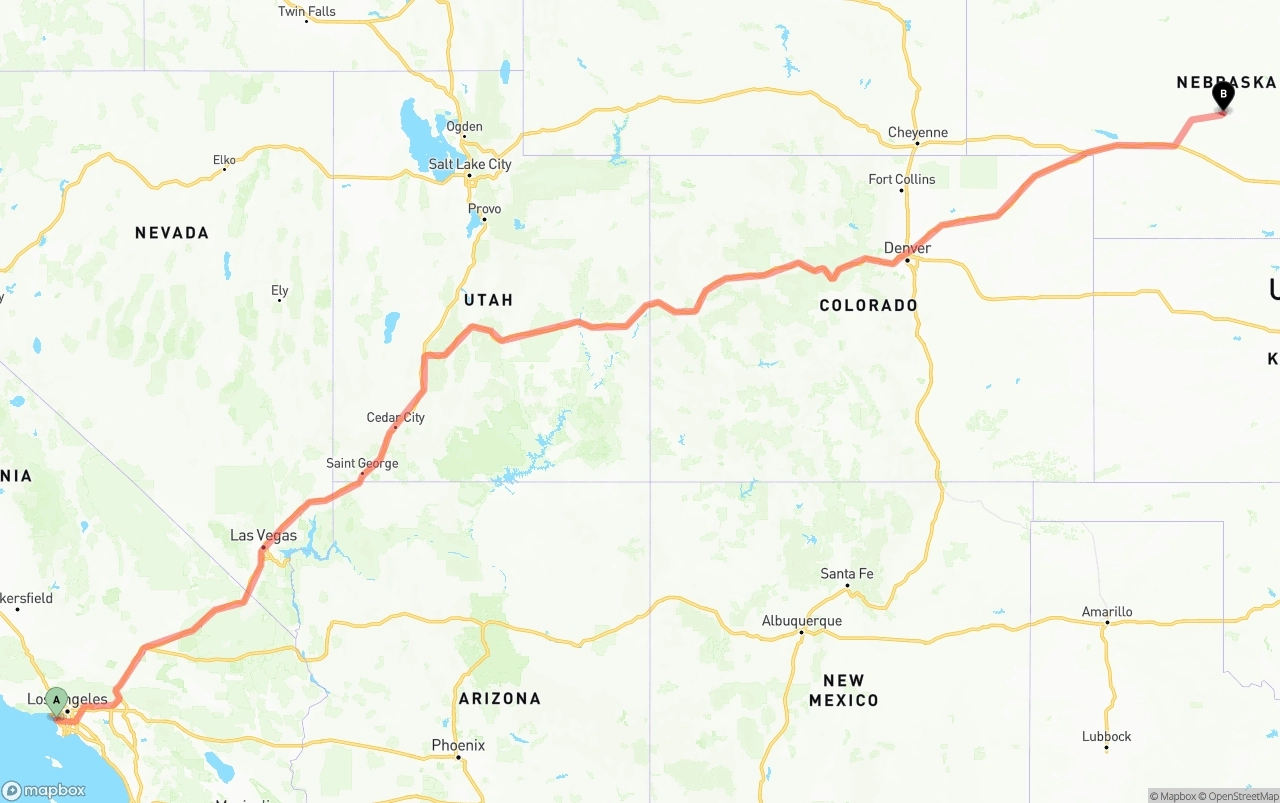 Shipping route from Los Angeles International Airport to Nebraska
