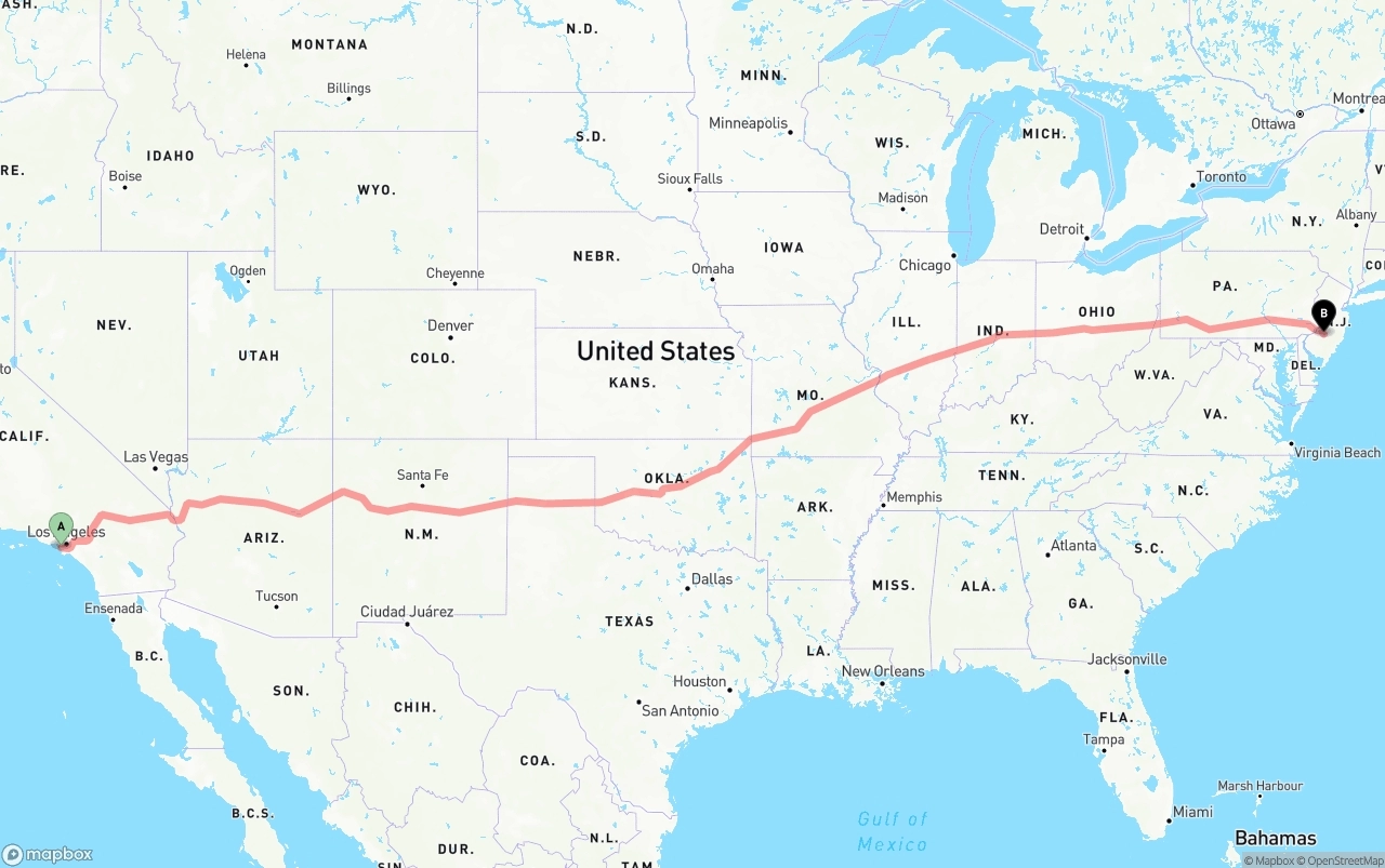 Shipping route from Los Angeles International Airport to New Jersey