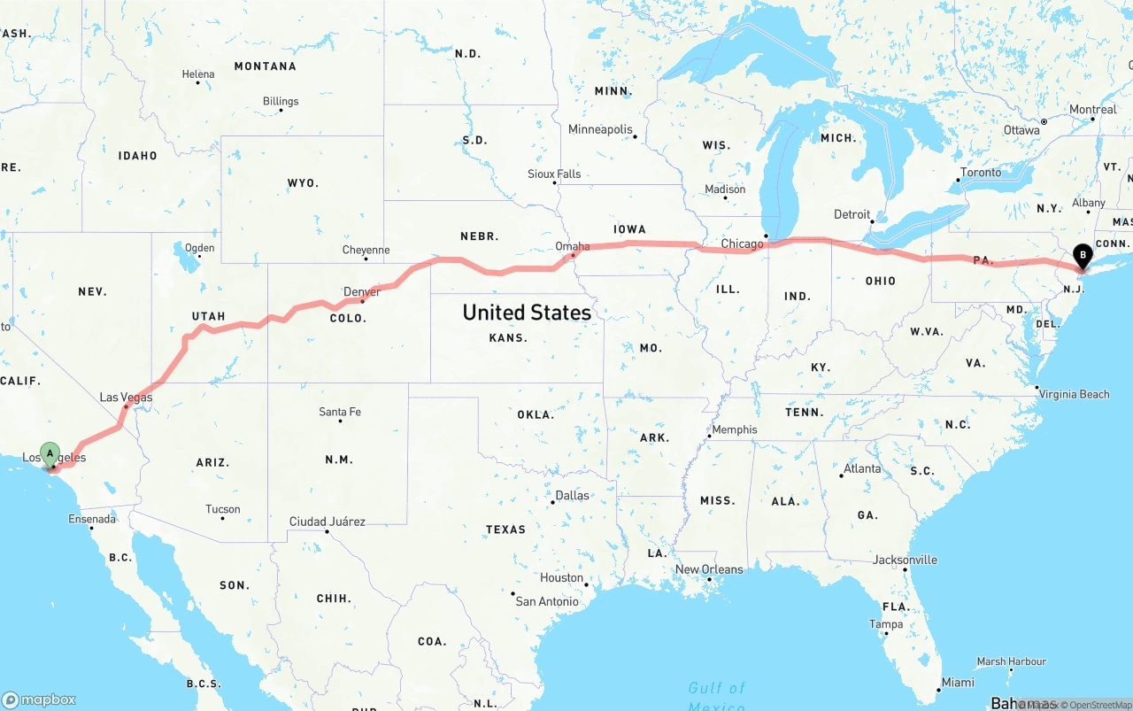 Shipping route from Los Angeles International Airport to New York City