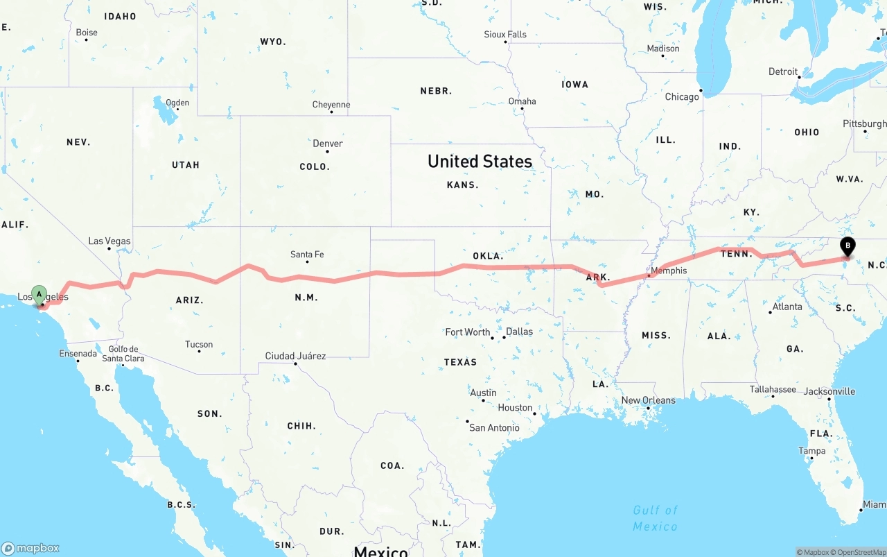 Shipping route from Los Angeles International Airport to North Carolina