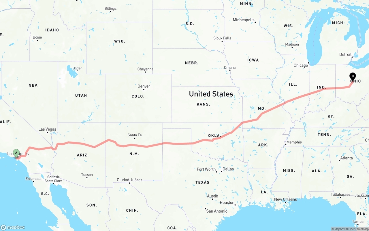 Shipping route from Los Angeles International Airport to Ohio