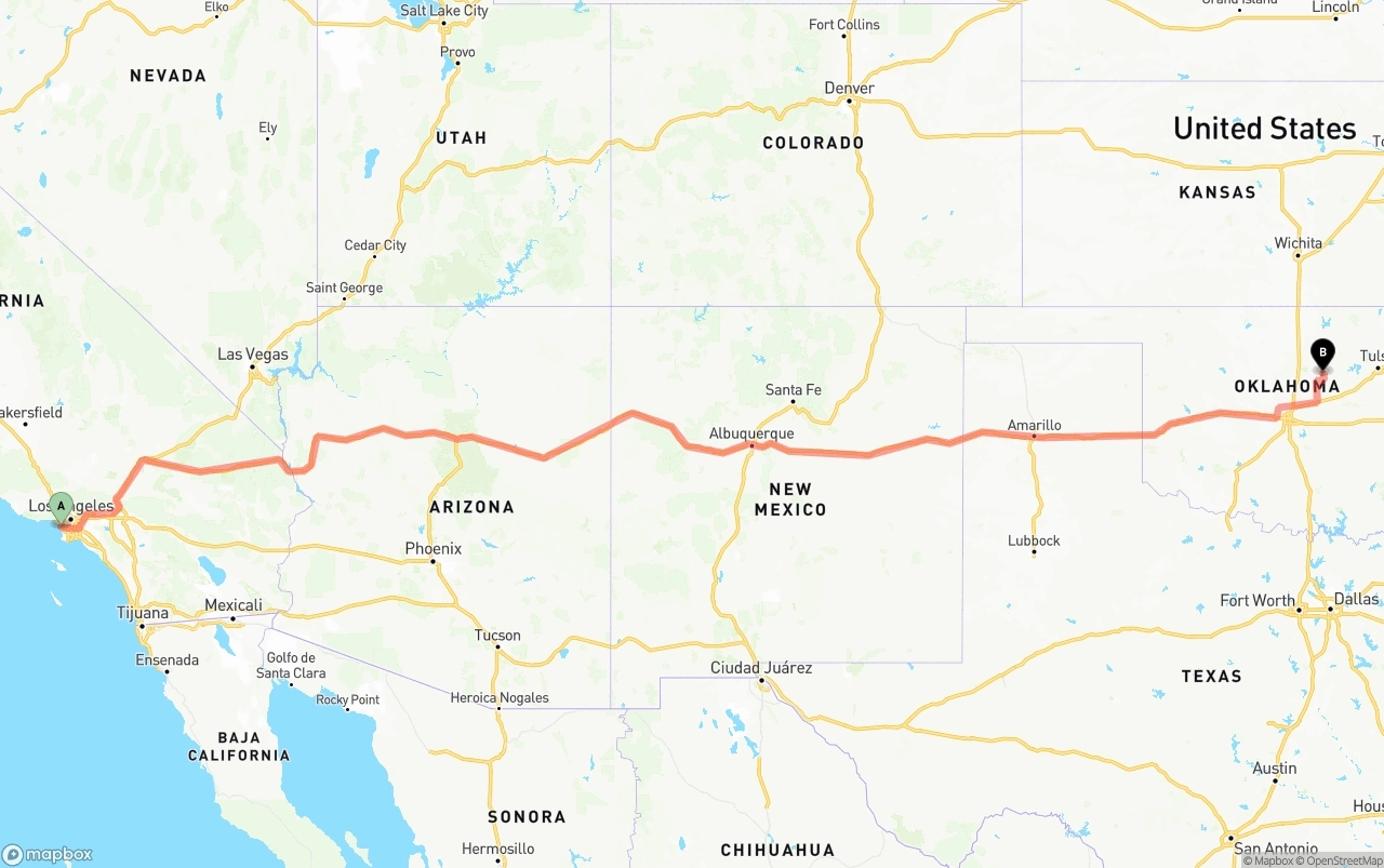 Shipping route from Los Angeles International Airport to Oklahoma