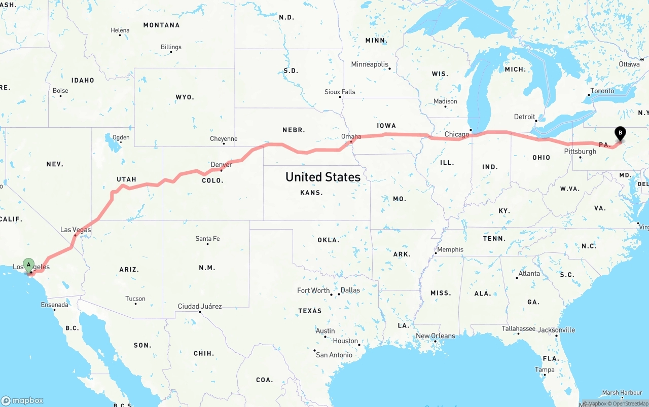 Shipping route from Los Angeles International Airport to Pennsylvania