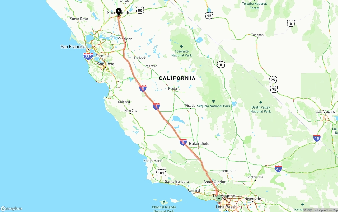 Shipping route from Los Angeles International Airport to Sacramento