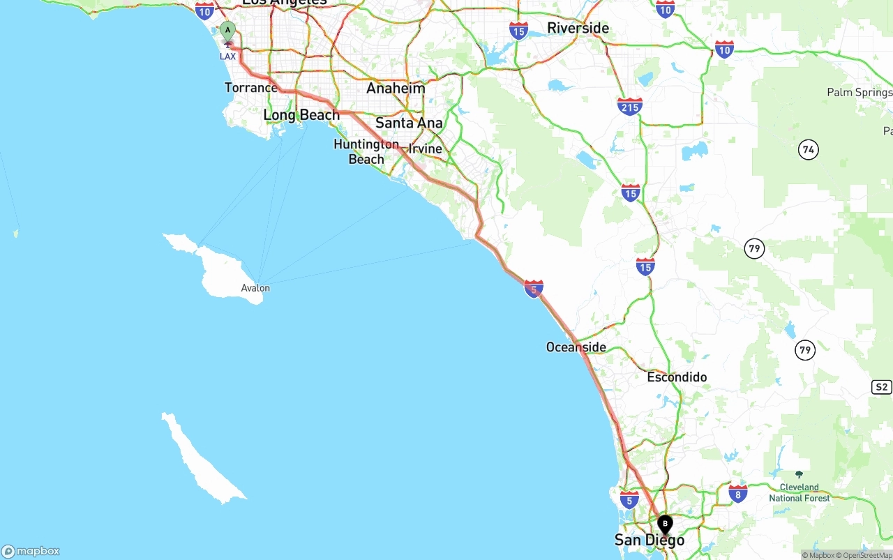 Shipping route from Los Angeles International Airport to San Diego