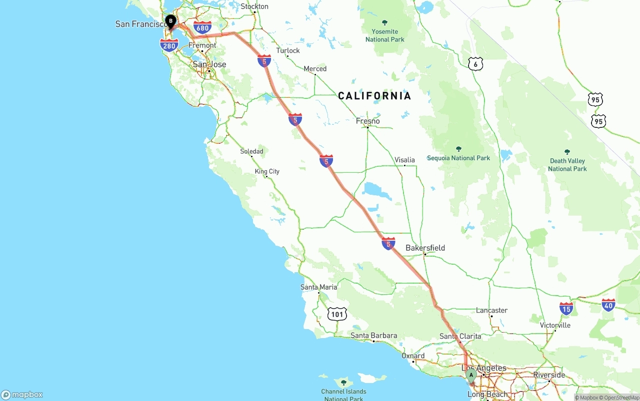 Shipping route from Los Angeles International Airport to San Francisco