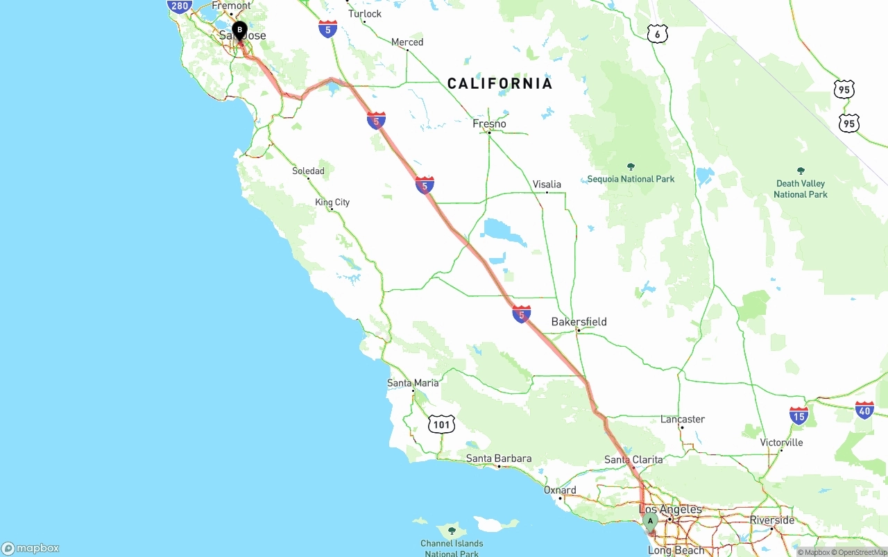 Shipping route from Los Angeles International Airport to San Jose