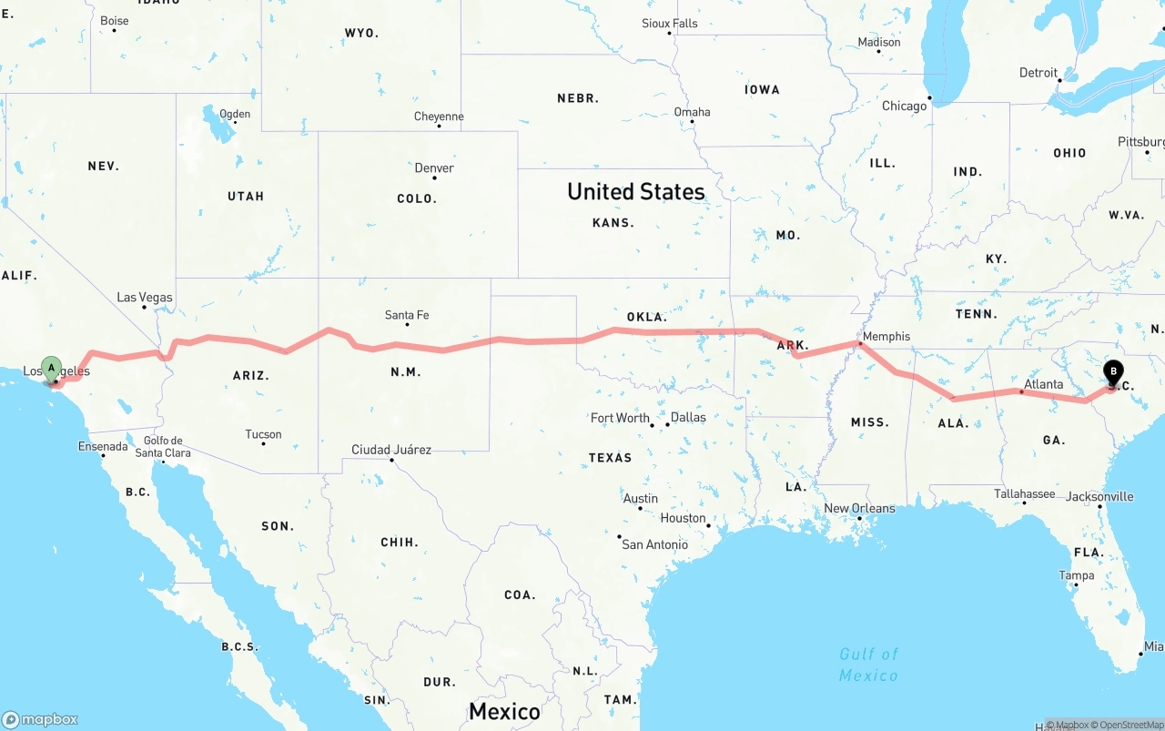 Shipping route from Los Angeles International Airport to South Carolina