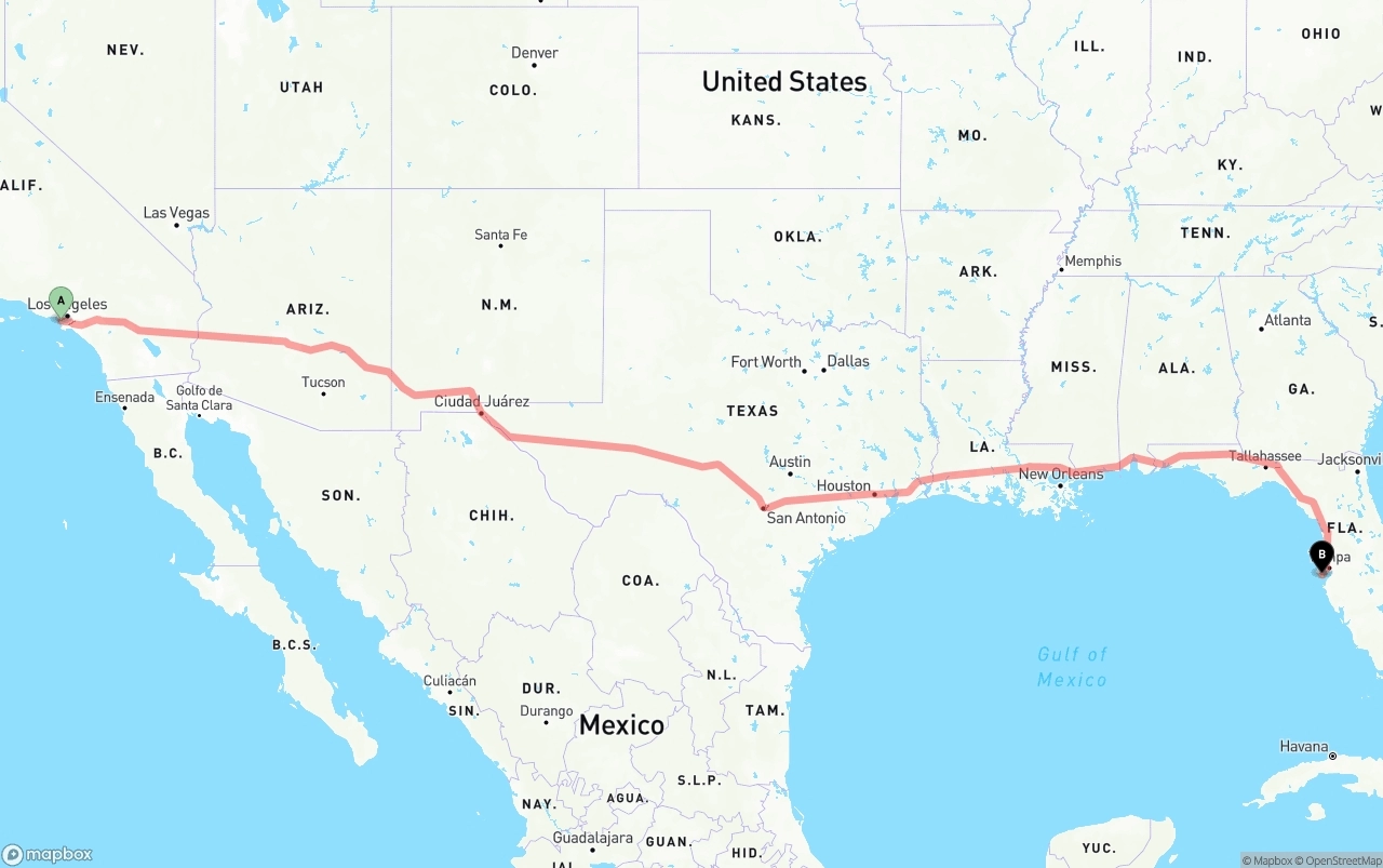 Shipping route from Los Angeles International Airport to St. Petersburg