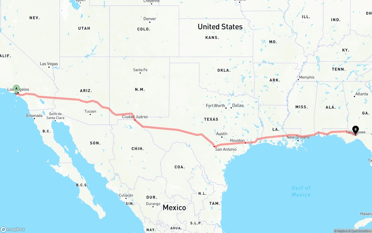 Shipping route from Los Angeles International Airport to Tallahassee
