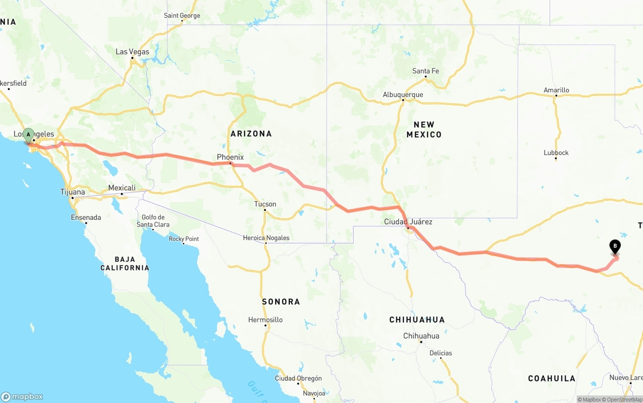 Shipping route from Los Angeles International Airport to Texas