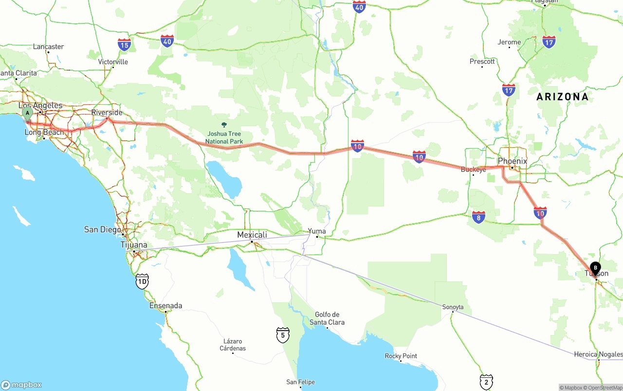 Shipping route from Los Angeles International Airport to Tucson