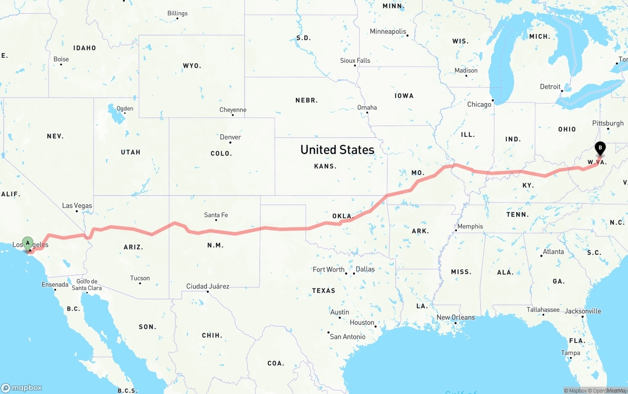Shipping route from Los Angeles International Airport to West Virginia