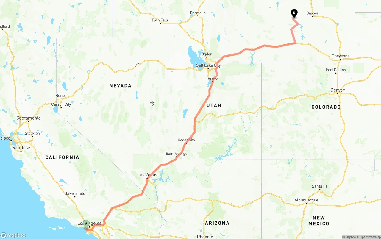 Shipping route from Los Angeles International Airport to Wyoming