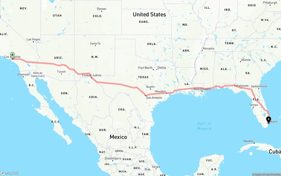Los Angeles to Miami freight shipping route map
