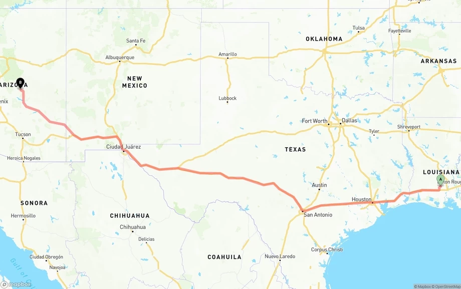 Louisiana to Arizona freight shipping route map