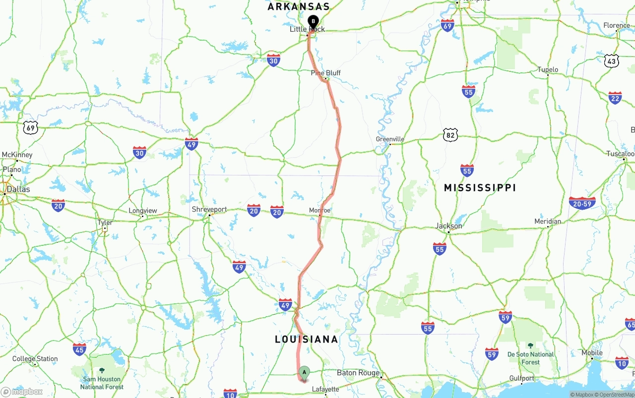 Shipping route from Louisiana to Arkansas