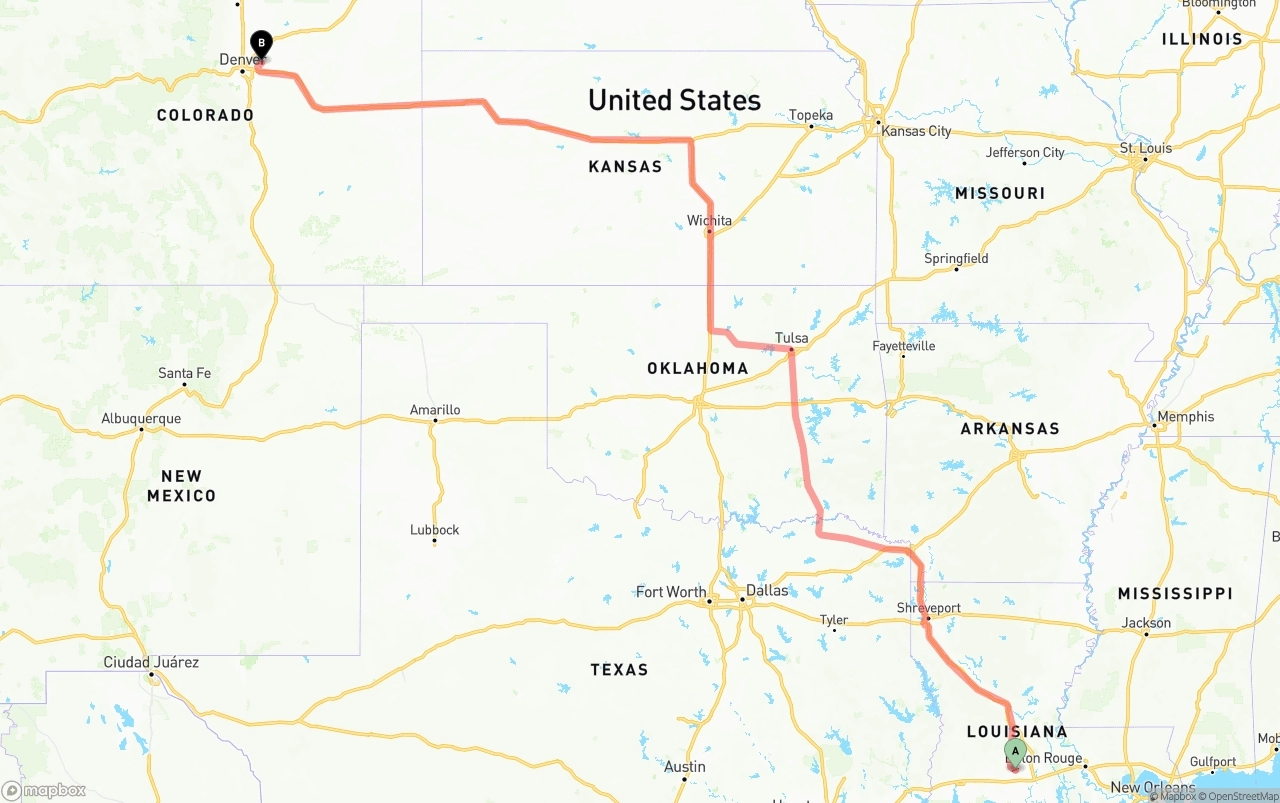 Shipping route from Louisiana to Denver International Airport