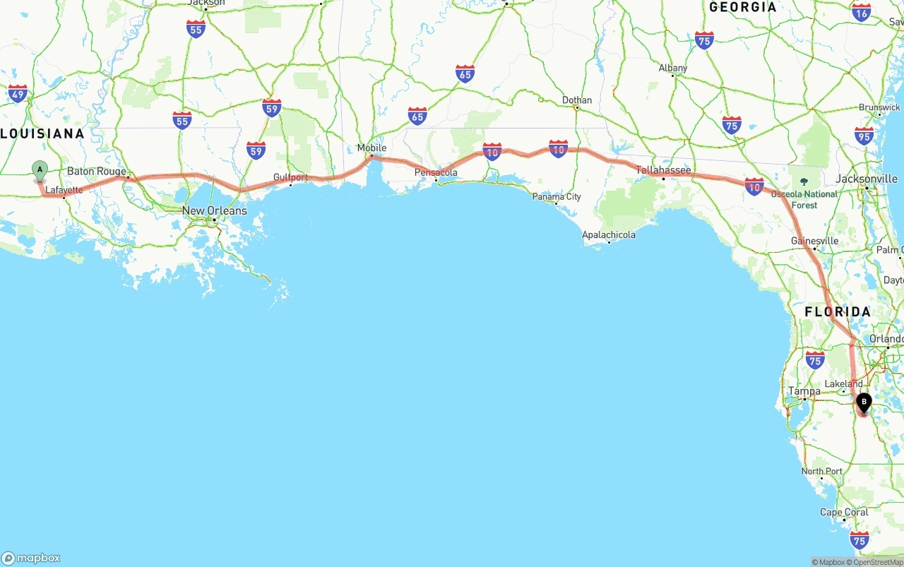 Shipping route from Louisiana to Florida