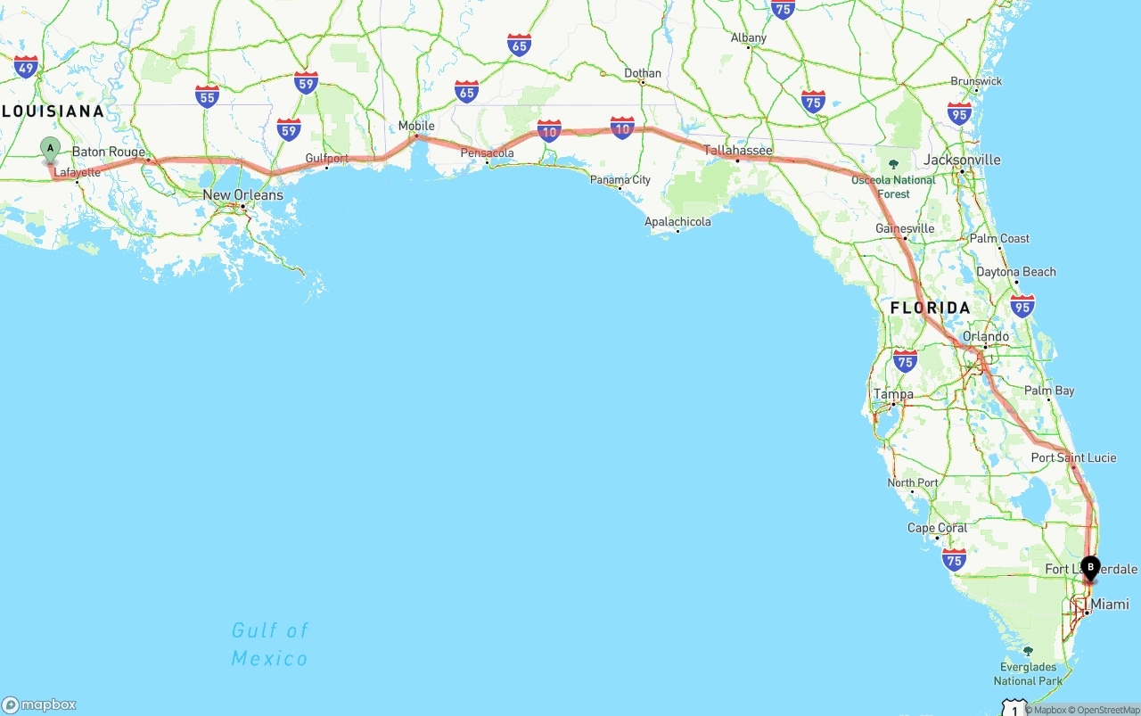 Shipping route from Louisiana to Fort Lauderdale-Hollywood International Airport