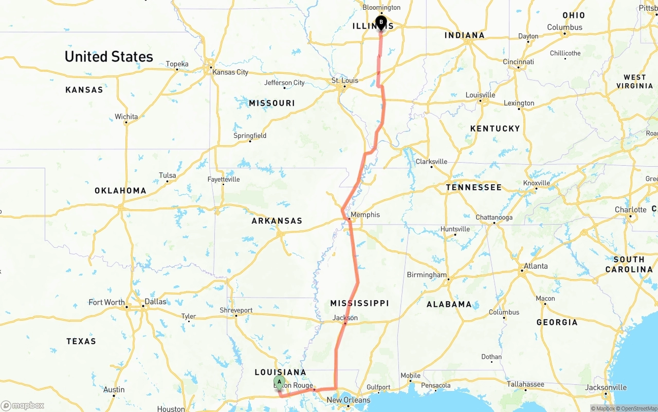 Shipping route from Louisiana to Illinois