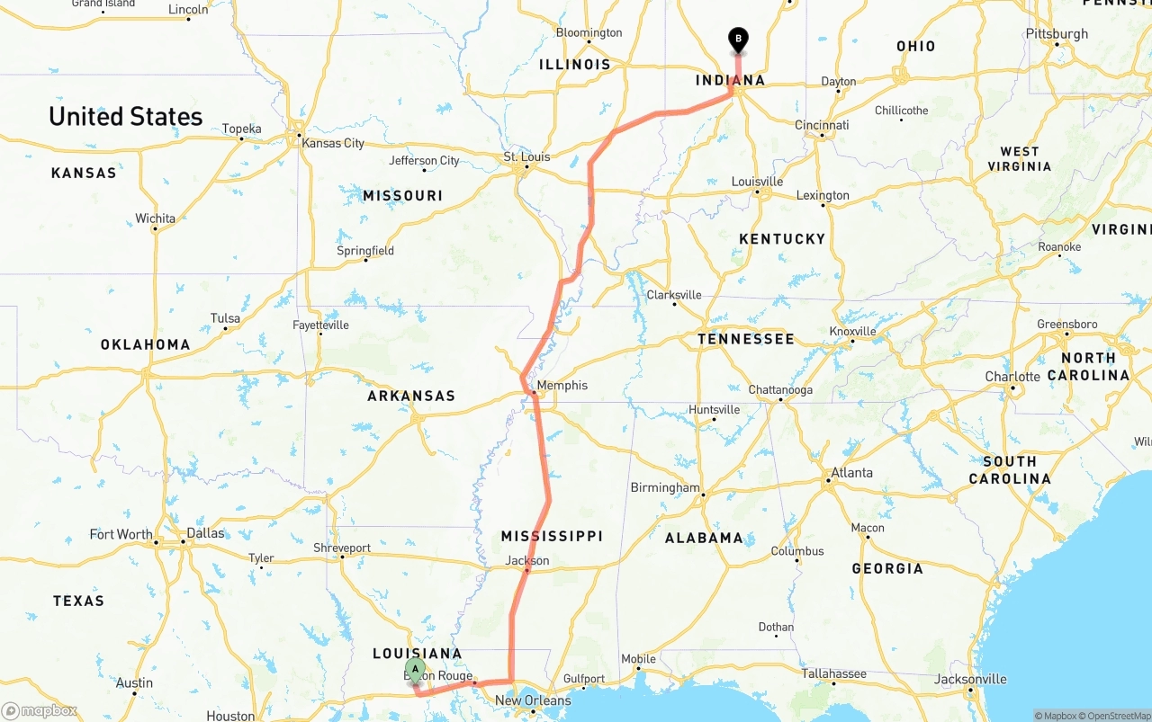 Shipping route from Louisiana to Indiana