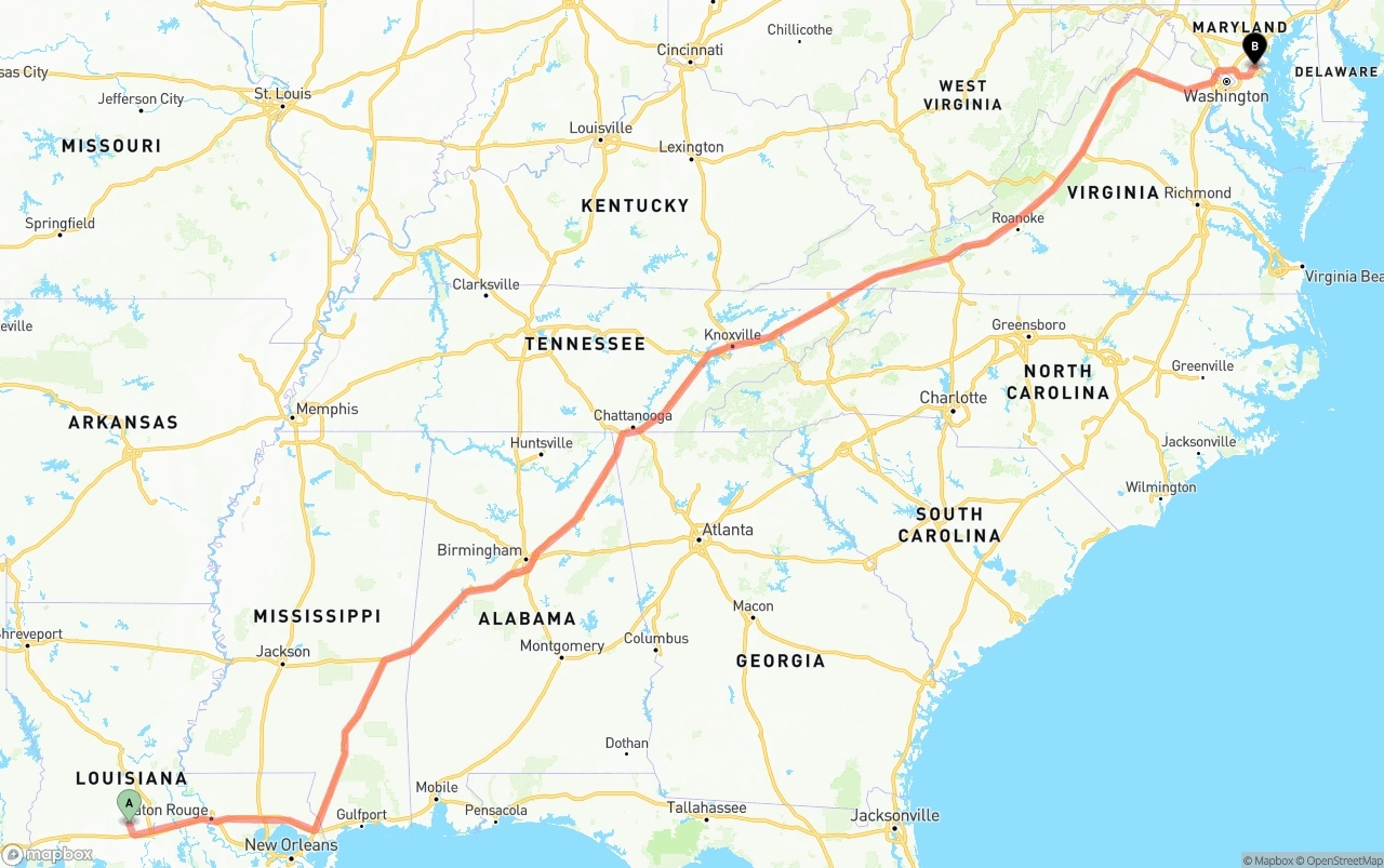 Shipping route from Louisiana to Maryland
