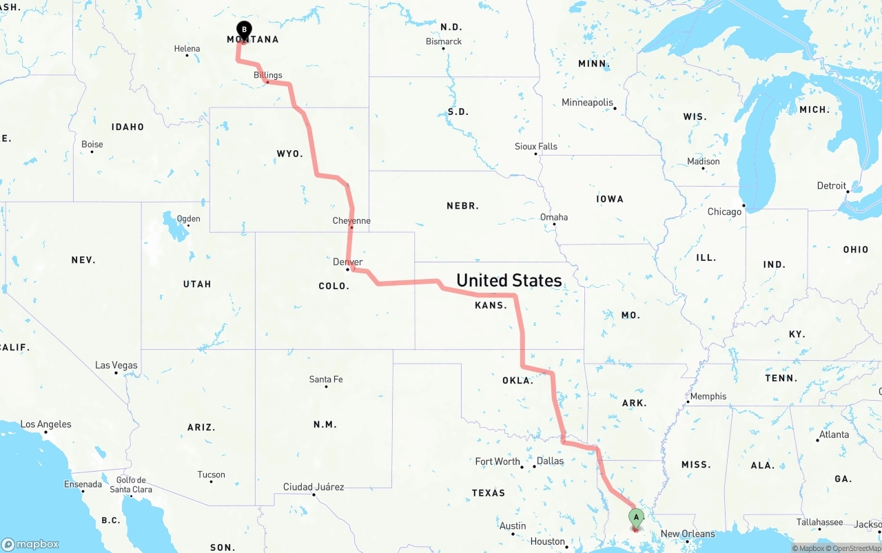 Shipping route from Louisiana to Montana